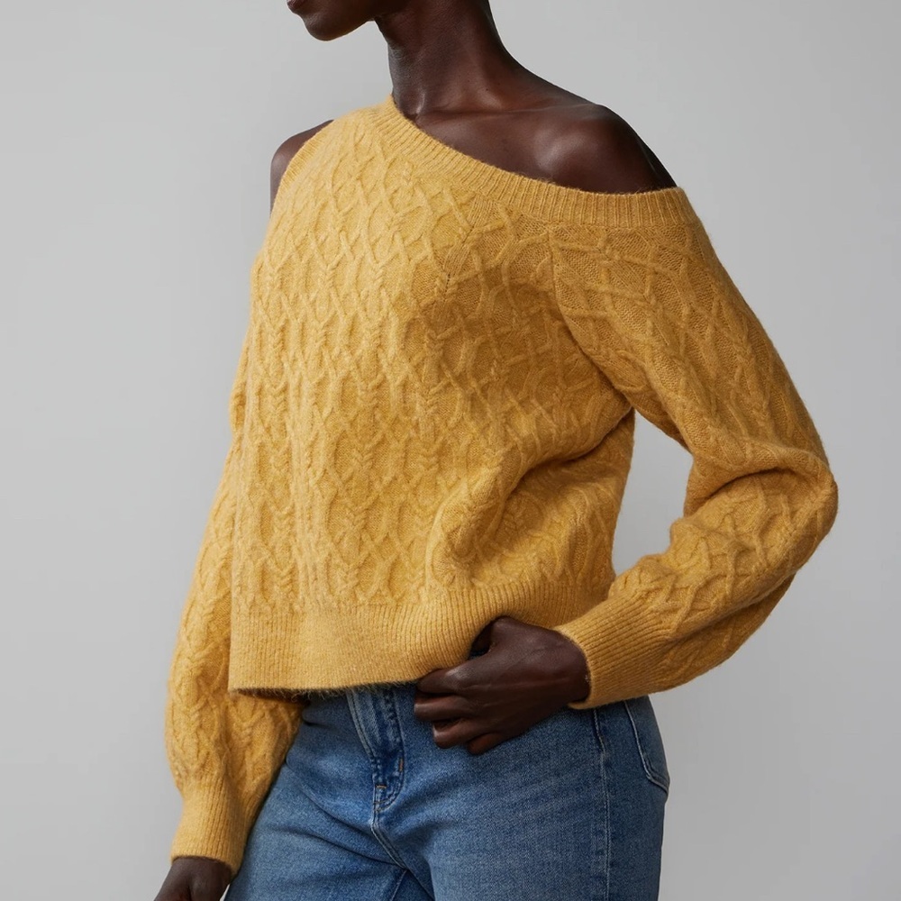 Dark Academia NY&CO Mustard Yellow Cold Shoulder Cable Knit Sweater XL